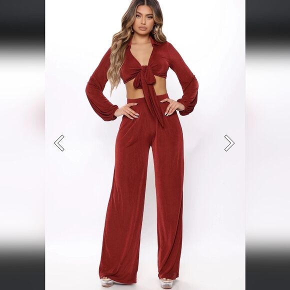 Fashion Nova Pants - Fashion Nova Hello Lover Slinky Pant Set Cord Brick Red Maroon Ribbed XL
